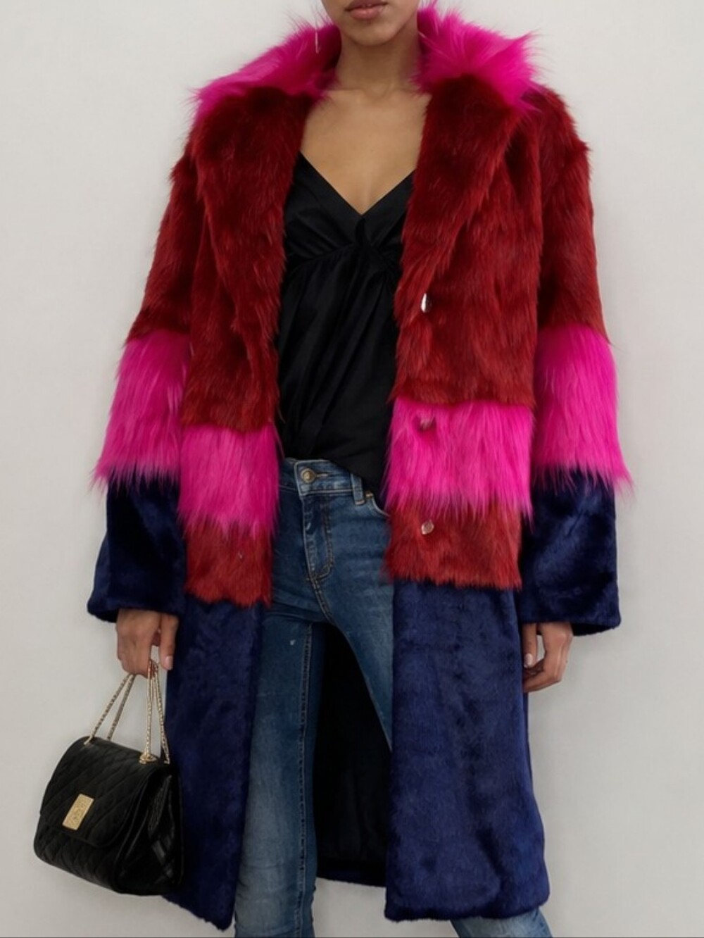 ASOS Colorblock Faux Fur Coat in Burgundy, Hot Pink & Navy